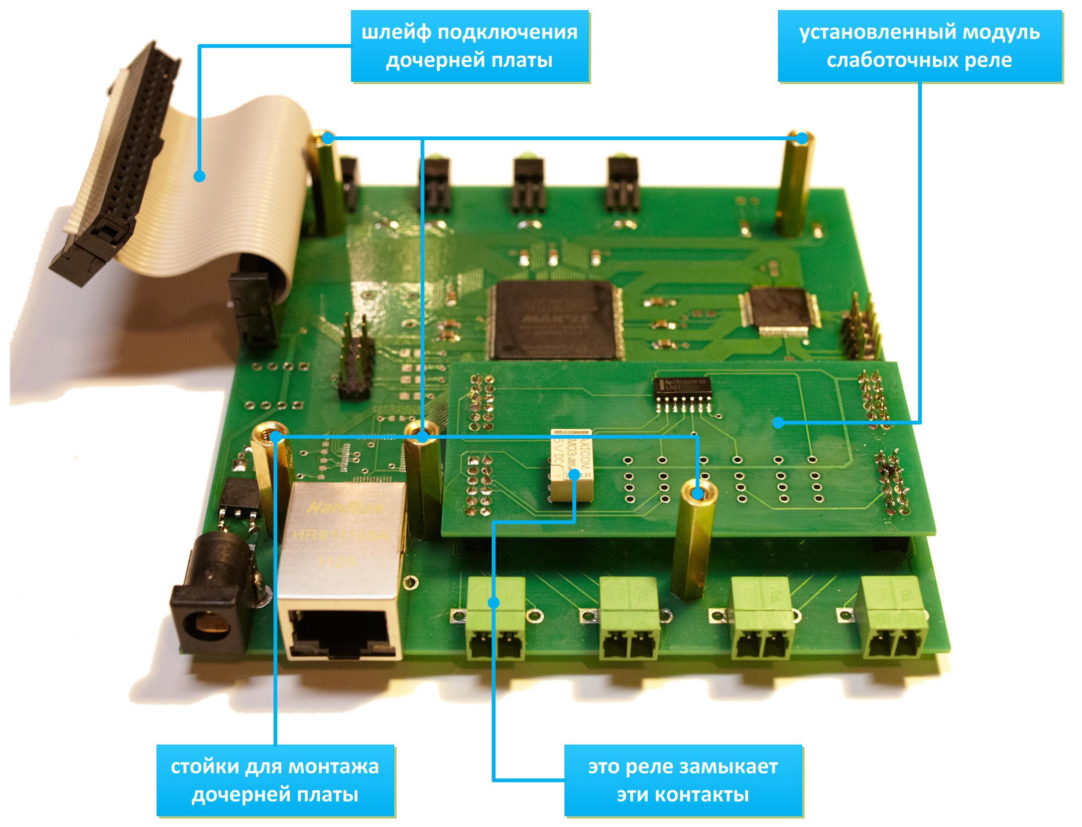 Установленная плата. Соединение шлейфа с платой. Установка платы на стойки. Плата на стойках.